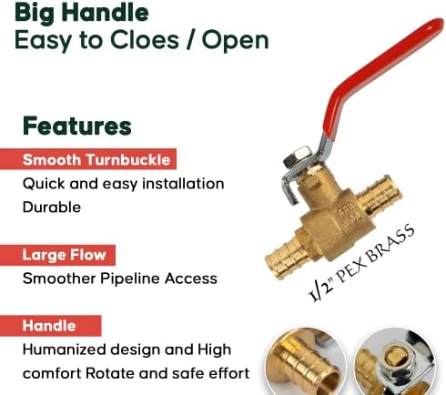 1/2" Pex Brass Ball Valve - Shut Off Valve for Water Hose - Crimping Tool - Hot Cold Fittings (Pack of 10) - Image 2