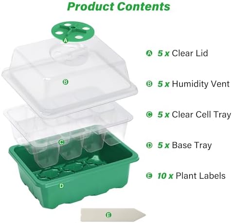 Bonviee 15-Pack Seed Starter Trays, Humidity Dome, Base, 12-Cell Tray, Green - Image 2