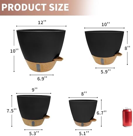 12"/10"/9"/8" Self Watering Pots with Visual Water Window,Extra Large Self Watering Plant Pots with Drainage Holes & Saucers,Black Planters for Indoor Plants,4-Pack - Image 2