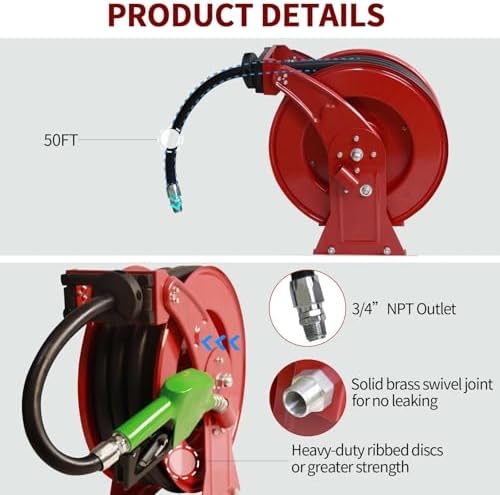 3/4" x 50' Retractable Fuel Hose Reel with Automatic Shut-Off Nozzle – Spring-Driven Diesel Hose Reel, 300 PSI, Industrial Heavy-Duty Steel Construction,Diesel Reel for Aircraft, Ships - Image 5