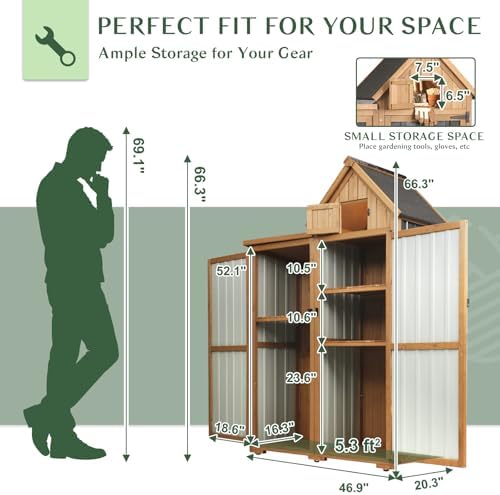 Outdoor Storage Cabinet Weatherproof with 3 Adjustable Shelves, 66'' H Wood & Metal Storage Shed with Lockable Doors & Waterproof Roof, Outside Garden Tool Sheds, Brown - Image 2