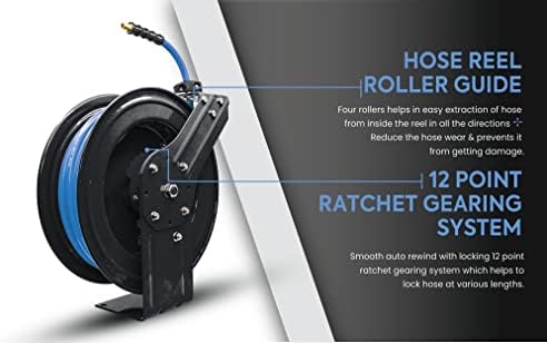 BLUBIRD BBR1250 20ga. Retractable Hose Reel with 1/2" X 50' Air Hose, 12 Point Ratcheting Gear, Next-Gen Rubber, Lightest, Strongest, Most Flexible, 300 PSI, 50F to 190F Degrees, Polyester Braided - Image 5