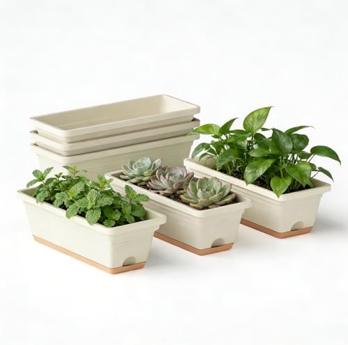 Window Box Planter, 6 Pack Plastic Vegetable Flower Window Planters Boxes 16 Inches Rectangular Flower Pots with Drainage Holes and Saucers (White) by LesOasis