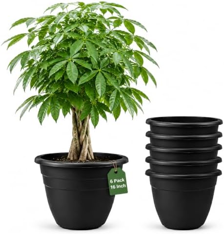 6 Pack 16 Inch Large Plant Pots, Plastic Planters for Outdoor Plants by RooTrimmer