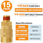 SUNGATOR 15-Pack Brass 1/4" Quick Connect Air Hose Coupler, MNPT Industrial - Image 4