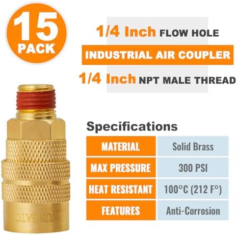 SUNGATOR 15-Pack Brass 1/4" Quick Connect Air Hose Coupler, MNPT Industrial - Image 4
