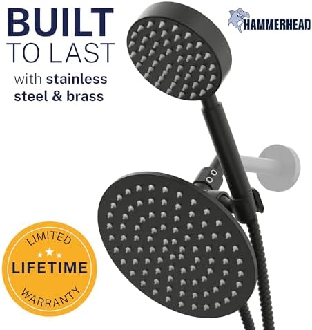 HammerHead Showers® Solid Metal Dual Shower Head Combo – MATTE BLACK – 8 Inch Rainfall High Flow Shower Head & Handheld Shower Head High Pressure with Hose 6ft - Hotel-Like Double Shower Heads - Image 2