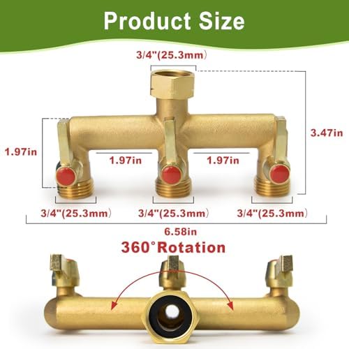 Brass Garden Hose Splitter 2/3/4 Way, Hose Splitter with Metal Shutoff Valve, Heavy Duty Outdoor Faucet and Garden Connector, Brass Extension Handle, 3/4” GHT Threads - Image 2