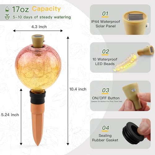 SAVENNA Crackle Glass Plant Watering Globe with Terracotta Spike,Self-Watering Irrigation for Potted Plants, with Solar Accent Light for Indoor & Outdoor Décor, 17oz, Yellow–Pink Gradient - Image 4