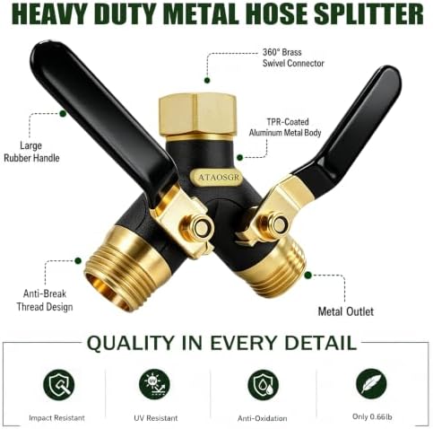 Garden Hose Splitter 2 Way Heavy Duty, Metal Body Water Hose Splitter with Shut-Off Valve, Full Flow Hose Bib Splitter, 3/4'' GHT Y Hose Connector For Outdoor Spigot Faucet - Image 2