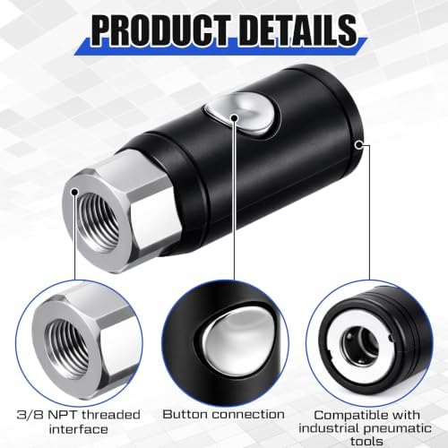 4 Pack 3/8" Npt Industrial Air Coupler Set, High Flow Safety Quick Connect Fittings, 3/8" Female Npt Thread, Push Button Release for Medical, Automation Equipment, Construction - Image 3