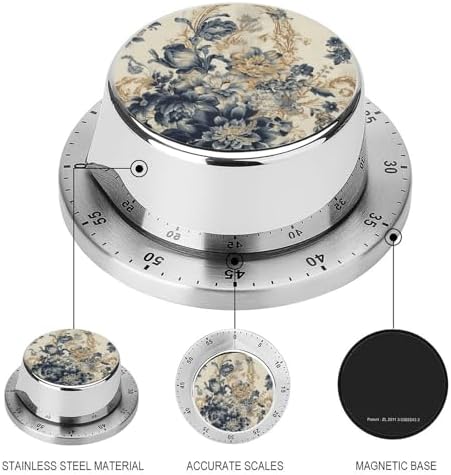 Mechanical Kitchen Timers for Cooking,Light Beige Flowers Printed 60 Minute Magnetic Countdown Timer,Cute Cooking Timers with Alarm,Stainless Steel Time Timer Manual No Batteries Required - Image 3