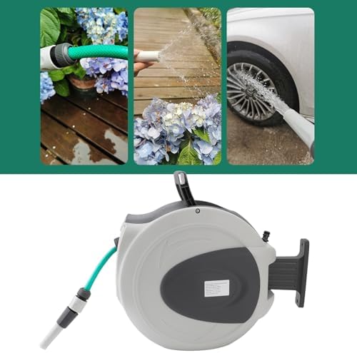 Retractable Garden Hose Reel 65.6ft, Wall Mounted Hose Reel with Nozzle, Any Length Lock Auto Rewind Swivel Bracket for Outdoor Watering, 1/2 Inch Heavy Duty Hose Reel with Multi P - Image 5