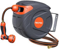 Wall-Mounted Retractable Hose Reel 1/2 Inch 50 Ft, Any Length Lock & 9 Pattern Nozzle, Automatic Slow Return, 180° Swivel, UV Resistant Heavy Duty Garden Hose Reel by NEO-TEC