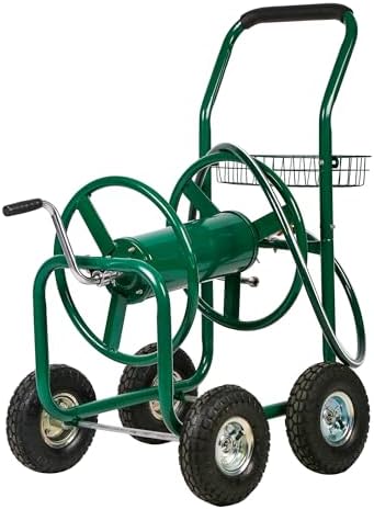 FDW Garden Hose Reel Cart, Water Hose Cart with 4 Wheels, Hold Up to 300 ft of 5/8’’ Hose，Heavy Duty Powder-Coated Steel Planting with Storage Basket, for Garden, Yard and Lawn by FDW