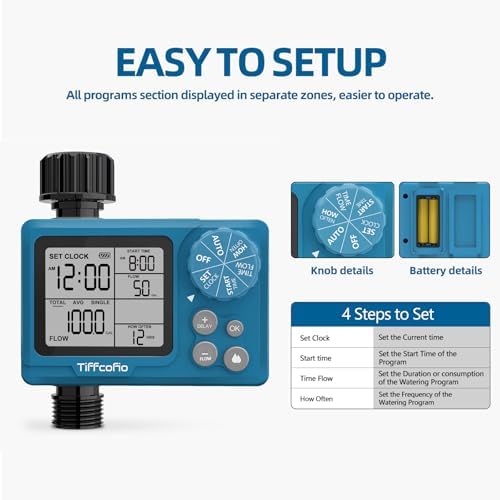 TiFFCOFiO Programmable Water Volume Control Sprinkler Timer, Water Duration Control Hose Timer with Water Meter, Auto and Manual Watering for Irrigation, Garden and Drip System - Image 6
