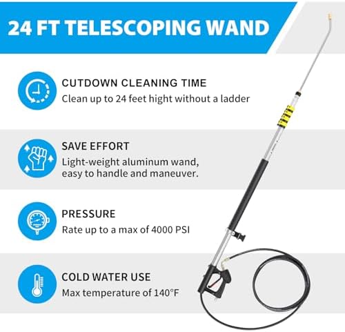 24 FT Telescoping Pressure Washer Extension Wand, Aluminum Power Washer Extension Wand with Turbo Nozzle & Brush Head, Solar Panel Cleaner Pole, 7 Nozzle Tips, 3 Adapters & Harness - Image 4