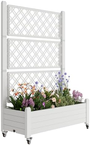 Resin Raised Garden Bed with Trellis and Wheels - Plasitc Planter Box with Trellis Outdoor with Drainage Holes & Water Monitor for Climbing Plants, Flower, Ashen(61.2" H) by WTFGO