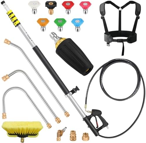 24 FT Telescoping Pressure Washer Extension Wand, Aluminum Power Washer Extension Wand with Turbo Nozzle & Brush Head, Solar Panel Cleaner Pole, 7 Nozzle Tips, 3 Adapters & Harness by LiveExtraFinelife