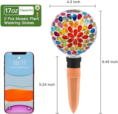 VOREEN Mosaic Plant Watering Globes with Terracotta Watering Spikes, 17oz Glass Self Watering Globes for Indoor & Outdoor Potted Plants, Decorative Water Drippers, Set of 2 - Image 6
