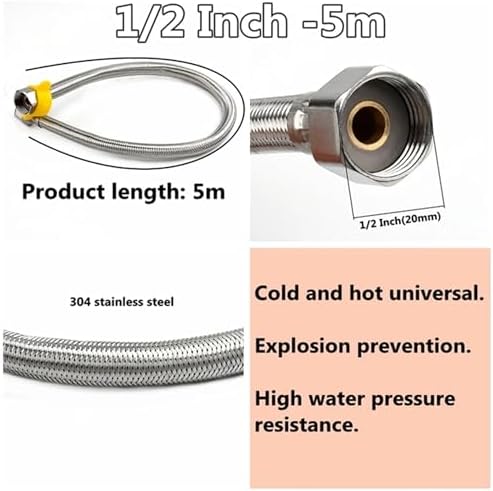 1 PC 1/2, 3/4 Inch 304 Stainless Steel Braided Hose Cold Hot Water Pipe Toilet Faucet Connection Pipe Garden Water Connection, 1/2inch, 5m - Image 2