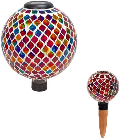 Sunnydaze Magenta Medley 9.5” Mosaic Glass Plant Watering Globe with Clay Spike and Summer Trellis 10” Solar Gazing Ball by SunnydazeDecor