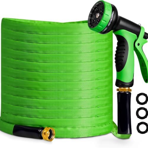 Garden Hose 50ft, Ultra Lightweight Flat Water Hose with 10 Function Nozzle by Aywenny