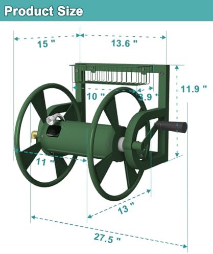 Artigarden Garden Wall Mounted Hose Reel, Outdoor Heavy-Duty Water Hose Holder Winder, Holds 125 Feet of 5/8-Inch Hose, with 3.9 ft Leader Hose, Water Fitting and Storage Basket for Yard, Green - Image 2