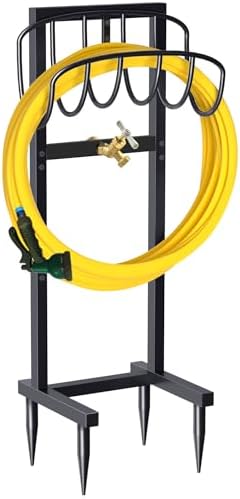 Artigarden Outdoor Garden Hose Holder Freestanding with Brass Faucet And 4 Spikes, Heavy Duty Metal Water Hose Reel Stand Hanger Rack Organizer Holds Storage 150ft Hose for Outside Yard Lawn, Black by Artigarden