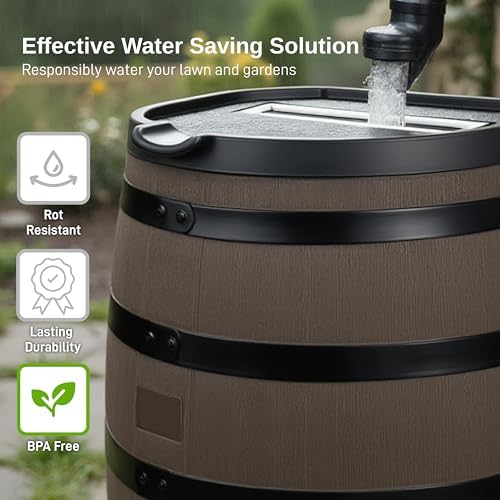 RTS Home Accents Premium 55-Gallon Rain Barrel with Removable Lid, Flat Back Rain Water Collection Barrel, Woodgrain with Black Stripes - Image 2