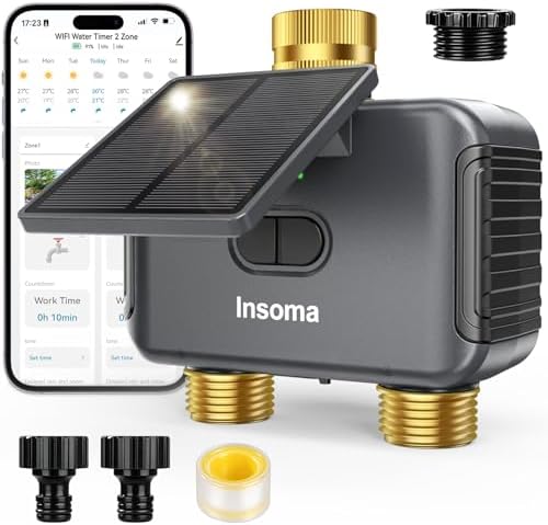 Insoma Solar WiFi Water Timer 2 Zone, Solar&Type-C Rechargeable Smart Sprinkler Timer w/Adjustable 120° Solar Panel, APP&Voice Control Automatic Irrigation for Garden Hose Lawn, No Gateway Required by Insoma