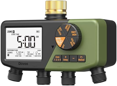 Diivoo 4 Zone Sprinkler Timer with Brass Inlet, Large Display by Diivoo