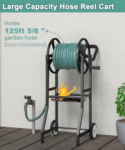 Artigarden Garden Hose Reel Cart with Wheels, Outdoor Heavy Duty Powder Coated Steel Water Winder Storage Holds 125 ft 5/8" Hoses with 3.9ft Leader Hose and Basket for Backyard, Yard, Lawn, Black - Image 2