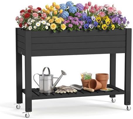 Vixzen Raised Garden Bed Outdoor,Reinforced Large Planter Box with Wheels & Storage Shelf,Mobile Planter Bed Box for Backyard, Patio, Balcony (Black, 21Gal（43.31"×17.72"×33.66"）) by Vixzen