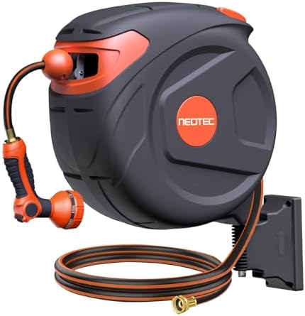 New Retractable Garden Water Hose 65ft 5/8 inch, Wall Mounted Hose Reel with Automatic Rewind System, Any-Length Lock Retract & Spray Nozzle for Efficient Yard Work by NEO-TEC