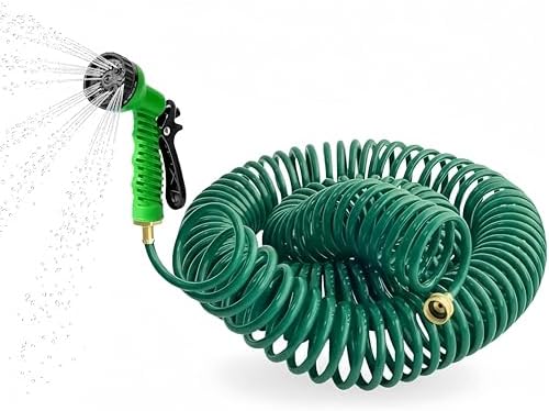 100FT Kink-Free EVA Coil Garden Hose, 3/4'' Brass Connector Expandable Self Coiling Water Hose with 7 Patterns Spray Nozzle for Lawn, Greenhouse, Patio, Boat, Car Wash by Unknown
