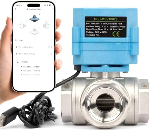 U.S. Solid 1 inch NPT WiFi Smart Motorized Ball Valve, NSF Certified Stainless Steel 3-Way 4-Position Electric Valve for Drinking Water, HVAC, Solar Bypass; USB Powered with LED Flow Window by USSolid
