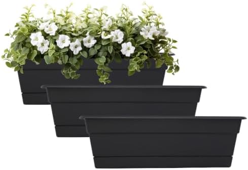 Bloem Dura Cotta 30" Plastic Window Box Planter with Saucer, Black, 3-Pack by Bloem