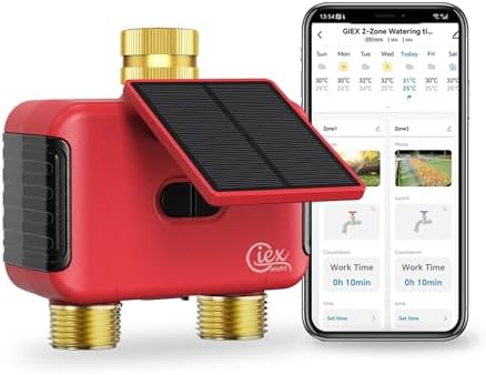 2 Zone WiFi Smart Sprinkler Timer for Garden Hose, Solar Rechargeable Water Timer with Dual Outlet, Brass Inlet & Outlet, No Hub Required, Smart Life App, Alexa & Google Assistant Compatible by Unknown