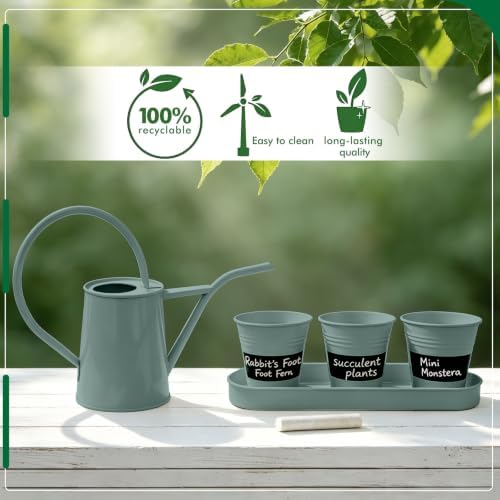 Mint Green Small Watering Can, Metal Galvanized Watering Can with 3 Reusable Chalk‑Writing Mini Flower Pots & Tray, Indoor Desktop Planting Kit for Home Garden & Plant Lover Gifts - Image 5