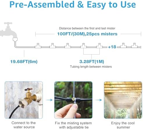 Bonviee 100FT Misters for Outside Patio, 28 Nozzles, 3/4 Inch Brass Adapter - Image 2