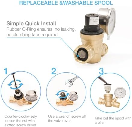 RVAQUA M11-45PSI Adjustable Water Pressure Regulator for RV Camper - Essential RV Accessories with 160 PSI Gauge, Inlet Stainless Screened Filter - Lead-Free Brass RV Water Pressure Reducer - Image 5
