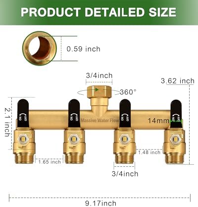 4 Way Hose Splitter, Heavy Duty Full Flow Garden Water Hose Bib Spigot Splitter, Brass Rust and Freeze Resistant Outdoor Faucet Splitter, T Adapter Connector with 3/4 - Inch GHT Thread （Black） - Image 2