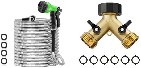 SPECILITE 100ft 304 Stainless Steel Garden Hose Metal + Garden Hose Splitter 2 Way by SPECILITE