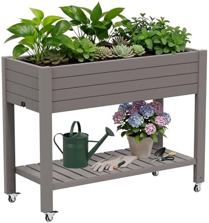 33.7" Tall Raised Garden Bed with Wheels, Divisible Resin Planter Box with Drainage Gauge & Storage Shelf, Herb Planter for Garden Patio Backyard, Medium Gray (33.7" h) by WTFGO