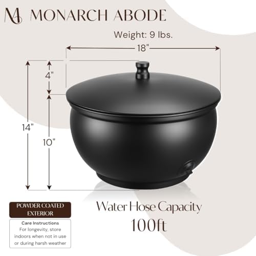 Monarch Abode Garden Hose Holder with Lid – Decorative Water Hose Holders for Outside, Smooth Metal Matte Black Pot with Drainage, 100ft Waterhose Holder for Outside, Garden Storage Caddy - Image 3