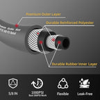 Heavy Duty Premium Garden Hose 125ft x 5/8", 300PSI Working, 1000PSI Burst, Hybrid Rubber Water Hose with Transparent Swivel Handle - Hot/Cold Water - Five Layered Braiding with Brass fittings (Grey) - Image 2
