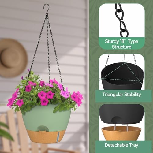 ZMTECH 12 Inch Large Self Watering Hanging Planters for Indoor Outdoor Plants - Water Level Indicator & Removable 60 Oz Reservoir, 1 Pack Plastic Hanging Basket for Window Porch Garden Balcony, Green - Image 7