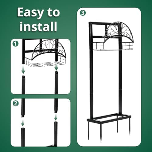 Black Garden Hose Holder with Storage Basket, Heavy Duty Freestanding Water Hose Stand with 4 Ground Spikes, Garden Hose Holder, Water Hose Stand, Hose Rack, Storage Basket, Outdoor Organizer - Image 2