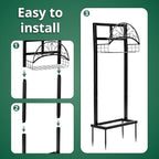 Garden Hose Holder Stand, Black Steel Heavy Duty Freestanding Water Hose Storage Rack with 4 Reinforced Anchor Spikes and Storage Basket Waterproof Stable Organizer for Yard Lawn Garden Farm - Image 2